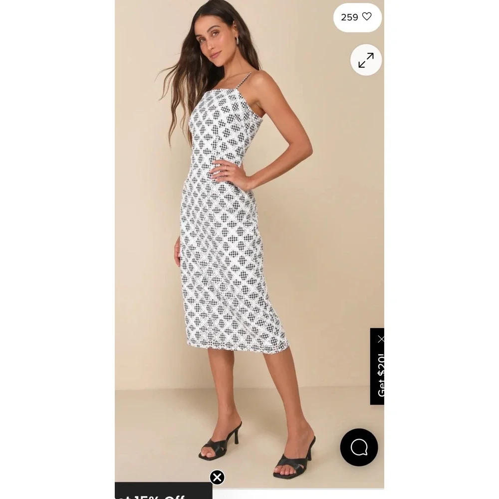Lulus Gingham Eyelet Midi Dress Black‎ White Checkered Floral Embroidery Cottage